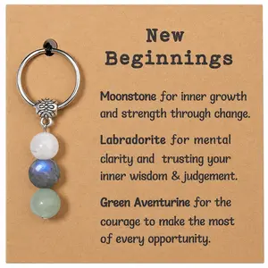 New Beginnings Natural Stone Keychain with Message Card, Moonstone Labradorite Green Aventurine Bead Key Ring Charm, Lightweight Bag Charm for Car Keys Backpack Purse, Meaningful New Chapter Gift for Women Friends