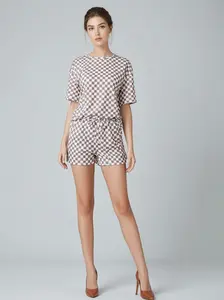 Light Brown And White Checkered Short Sleeve Top And Shorts Two Piece Casual Set, Soft Loungewear Matching Outfit For Women, Comfortable Relaxed Fit Wear For Daily Leisure And Lounging Occasions SummerVibes