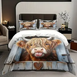 Cute Scottish Highland Cow Bedding Set, Soft Polyester Fitted Sheet & Pillowcases, Modern Digital Print, Bedroom Decor Gift, Soft Bedding Sets