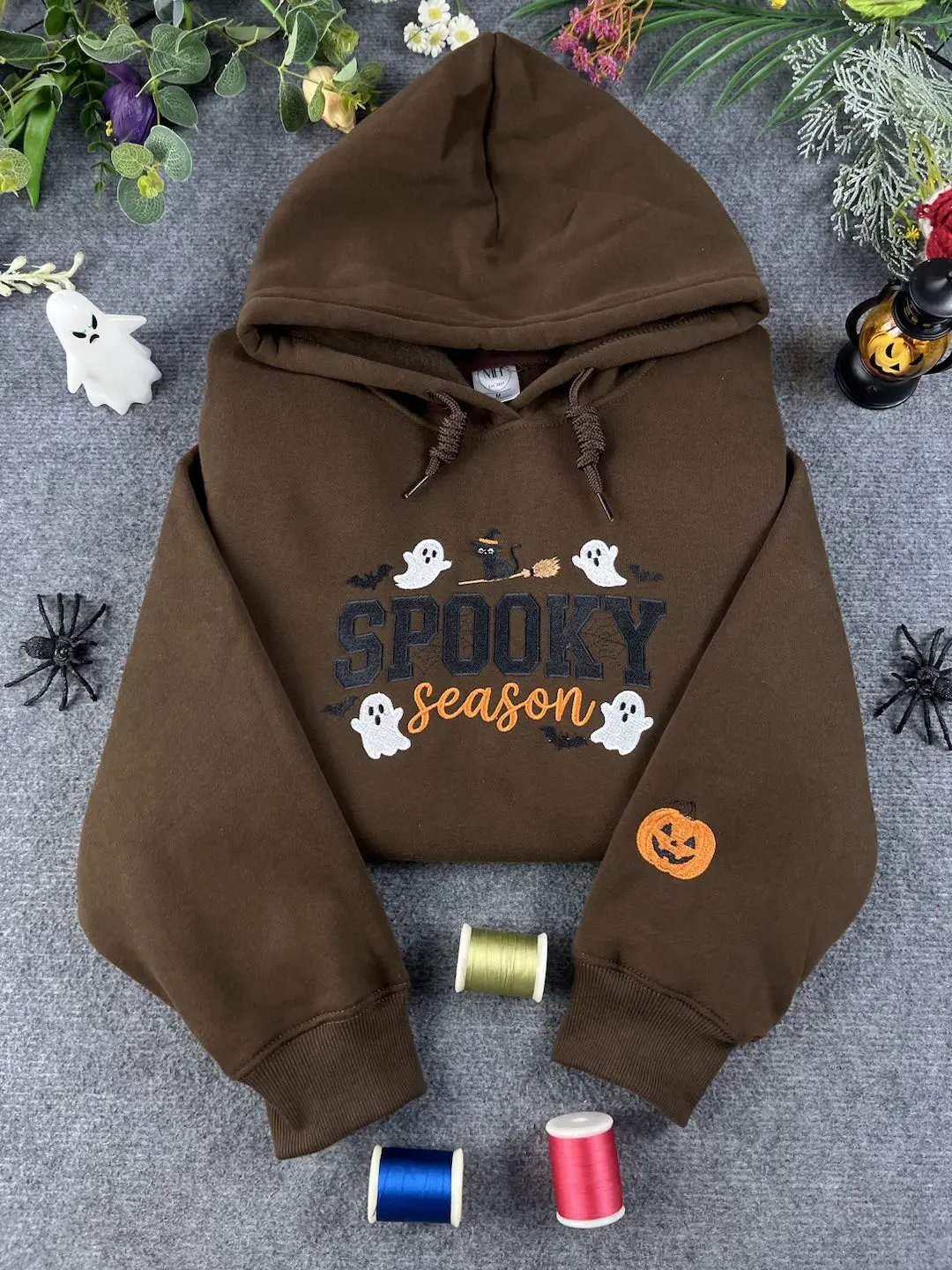 Embroidered Spooky Season Sweatshirt, Ghost and Black Cat Shirt, Witch Hat Broom Halloween Crewneck, Bat Pumpkin Fall Shirt