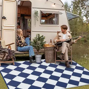 Garvee Outdoor Rug 9x12, Reversible Plastic Straw Mat with Carry Bag, Easy to Clean Checkered Floor Carpet for RV, Patio, Camping, Deck, Picnic(Navy/White)