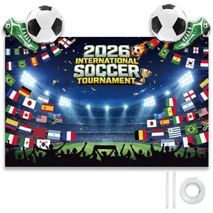 2026 Soccer Party Decorations Set, 71x45" International World Flags Soccer Backdrop with 2  Green Cleat Balloons, Football  Watch Party Photo Booth Background Banner for Bar Office Decor