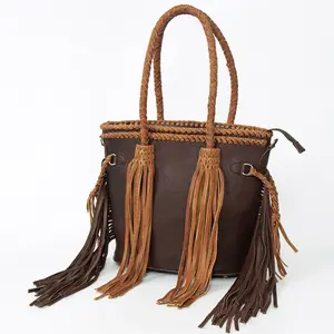 American Darling Tote Bag, Genuine Vegetable-Tanned Leather, Braided Trim with Tassels & Fringes, Western Handbag