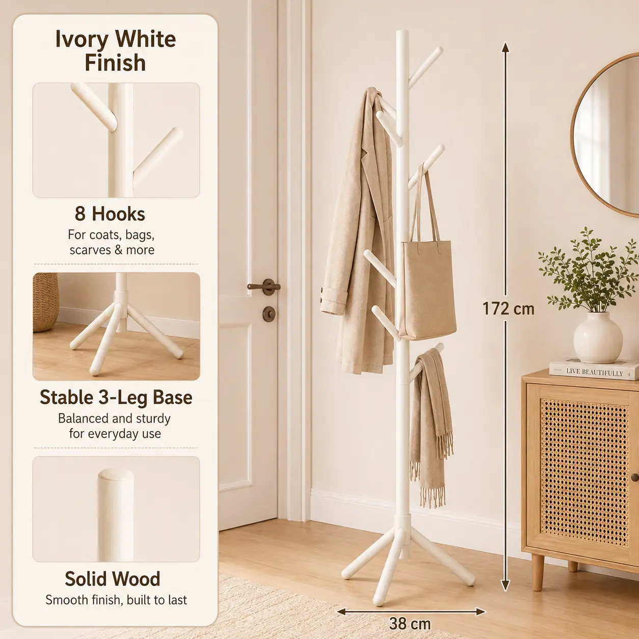 Freestanding Wooden Coat Rack Stand with 8 Hooks, 172cm Tall Coat Tree with Stable 3-Leg Base, Easy-Assembly Clothes Hanger for Entryway, Bedroom, Office, Bags, Hats & Scarves