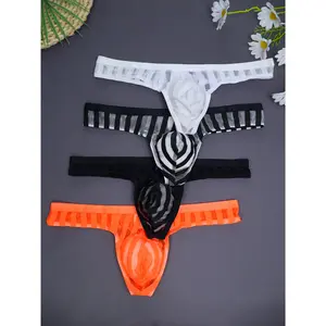 4-piece set of striped semi-transparent low-rise men's thongs, men's underwear, everyday wear briefs, contrasting patterns, striped design, breathable fabric, low-rise briefs, men's boxer briefs, everyday wear