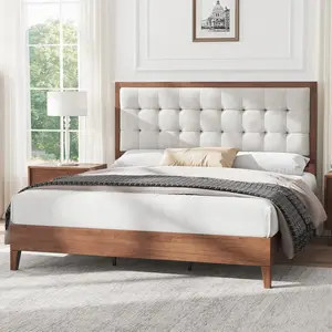 Queen Size Mid-Century Solid Wooden Platform Bed Frame with Headboard, Walnut Finish, No Box Spring Required, Noise-Free, Sturdy, Easy Care, Back Support, Breathable Material