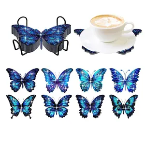 8 PCS Blue Morpho Butterfly Diamond Art Coasters Kit with Holder, DIY 5D Diamond Painting Cup Mats for Adults, Handmade Home Decor Craft Gift
