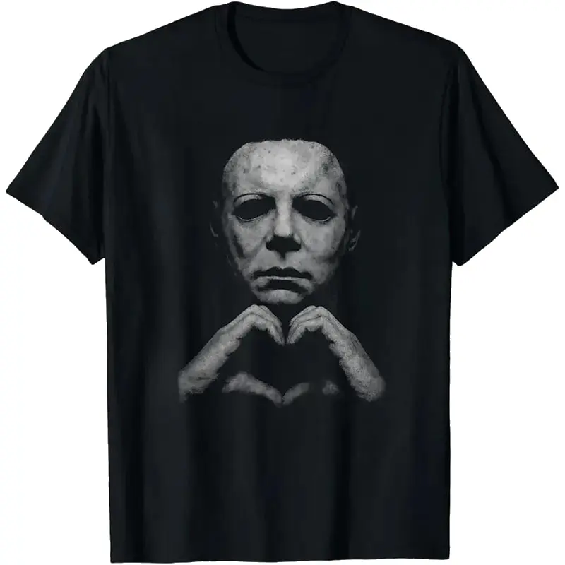Unisex Multi-Size Soft Cotton Round Neck Shortsleeve Classic Sports Tee - Michael Myers Heart Graphic, Spooky Retro Horror Casual Top, Halloween Matching Gift Streetwear (Incl 2XL), Simple, Stylish