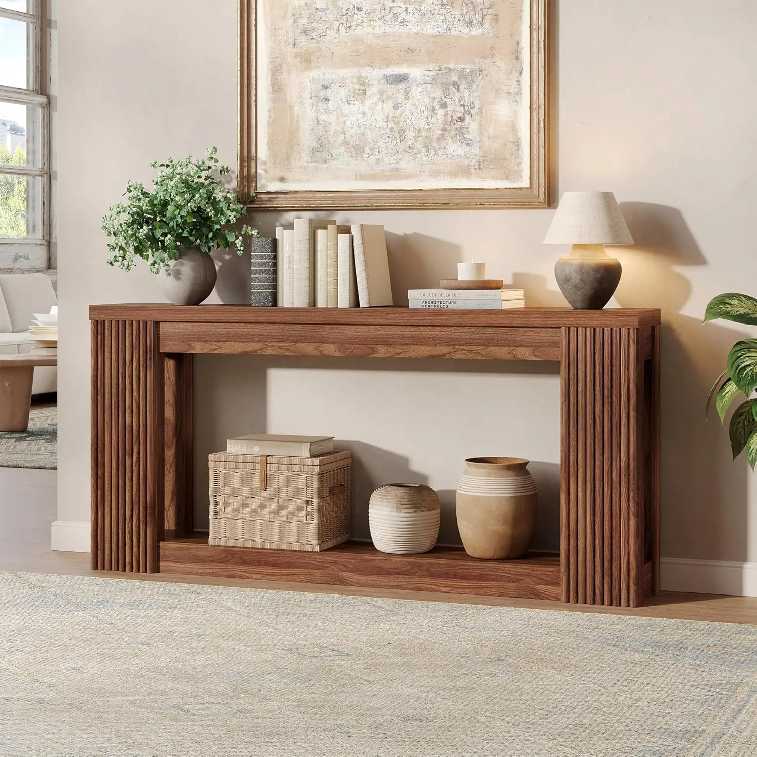 [tiktokshopbacktoschool] Vabches Fluted Wooden Console Table with 2 Storage, 71 Inches Rectangular Entryway Table Behind The Couch, Farmhouse Boho Sofa Table for Entrance, Hallway, Living Room (Black)