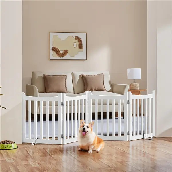 Costoffs 24'' Tall Wooden Puppy Gate - Foldable 4-Panel Expandable Fence with Support Feet, Freestanding Indoor Barrier Up to 80'', Pet Playpen for Small Dogs, Doorways & Stairs, White&Espresso