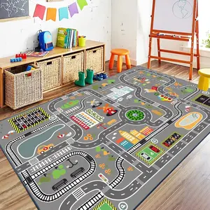 Cute Cartoon Kids Padded Play Mat with Racing Track City Road and Amusement Park Elements, Soft Educational Decorative Carpet