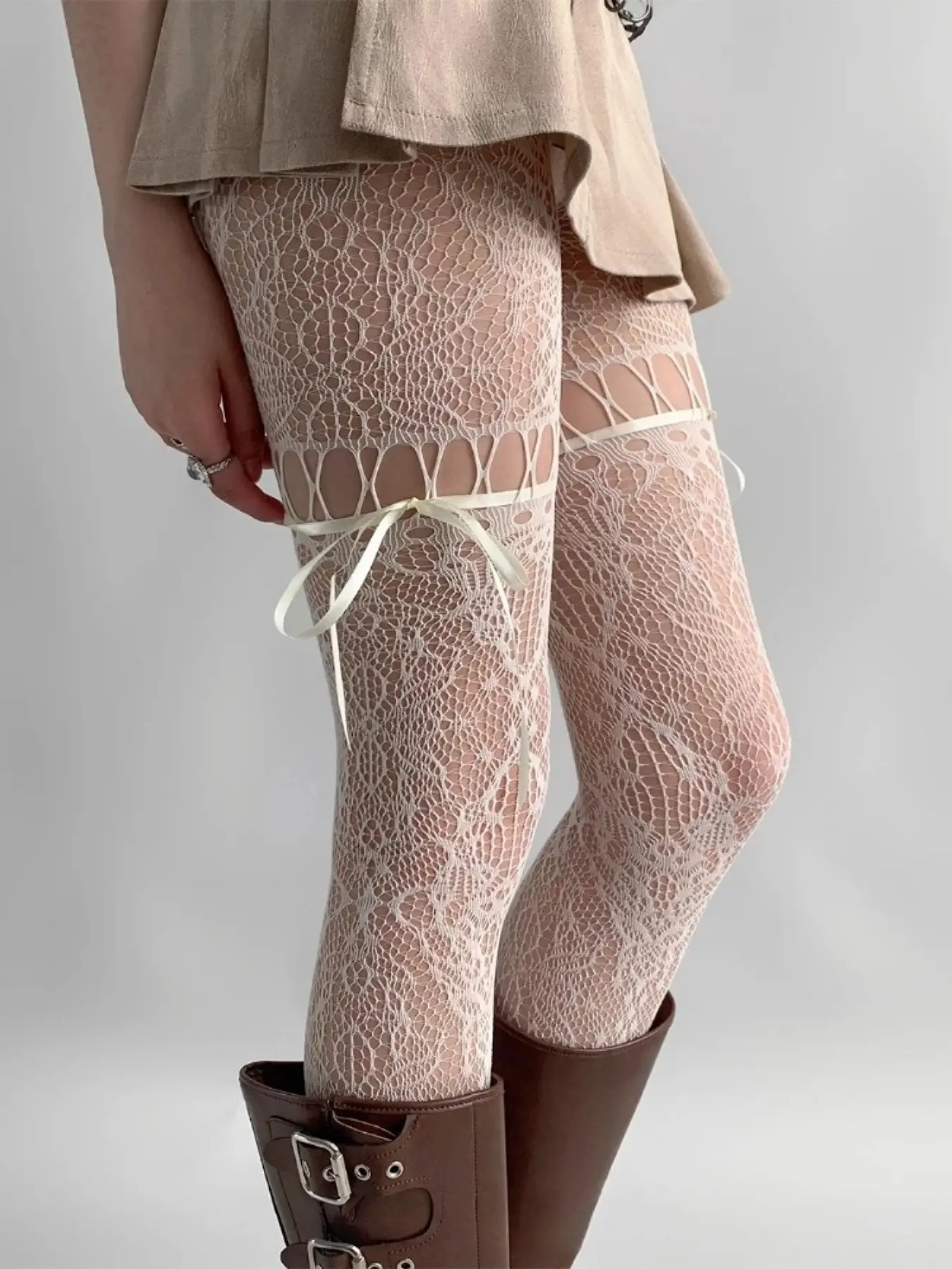 New Design Summer Hollow Out Lace Bow Tie Net Socks, Cute Punk Style Jumpsuit, Japanese Retro Drawstring Net Pants, Women Sheer Stockings