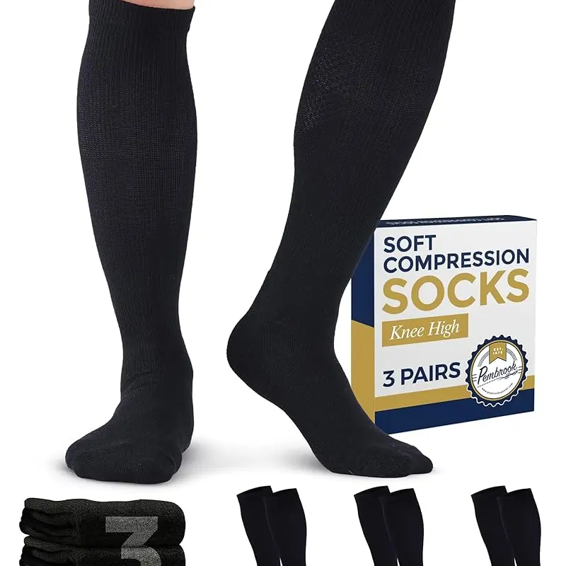 Pembrook Men's Knee High Compression Socks (3-Pack) - Classic Polyester Blend, 8-15 mmHg Graduated Firm Support, Machine Washable, Extensive Sizing, Fade-Resistant, Compression Stockings, Firm Support Over the Calf Socks for Sports, Travel