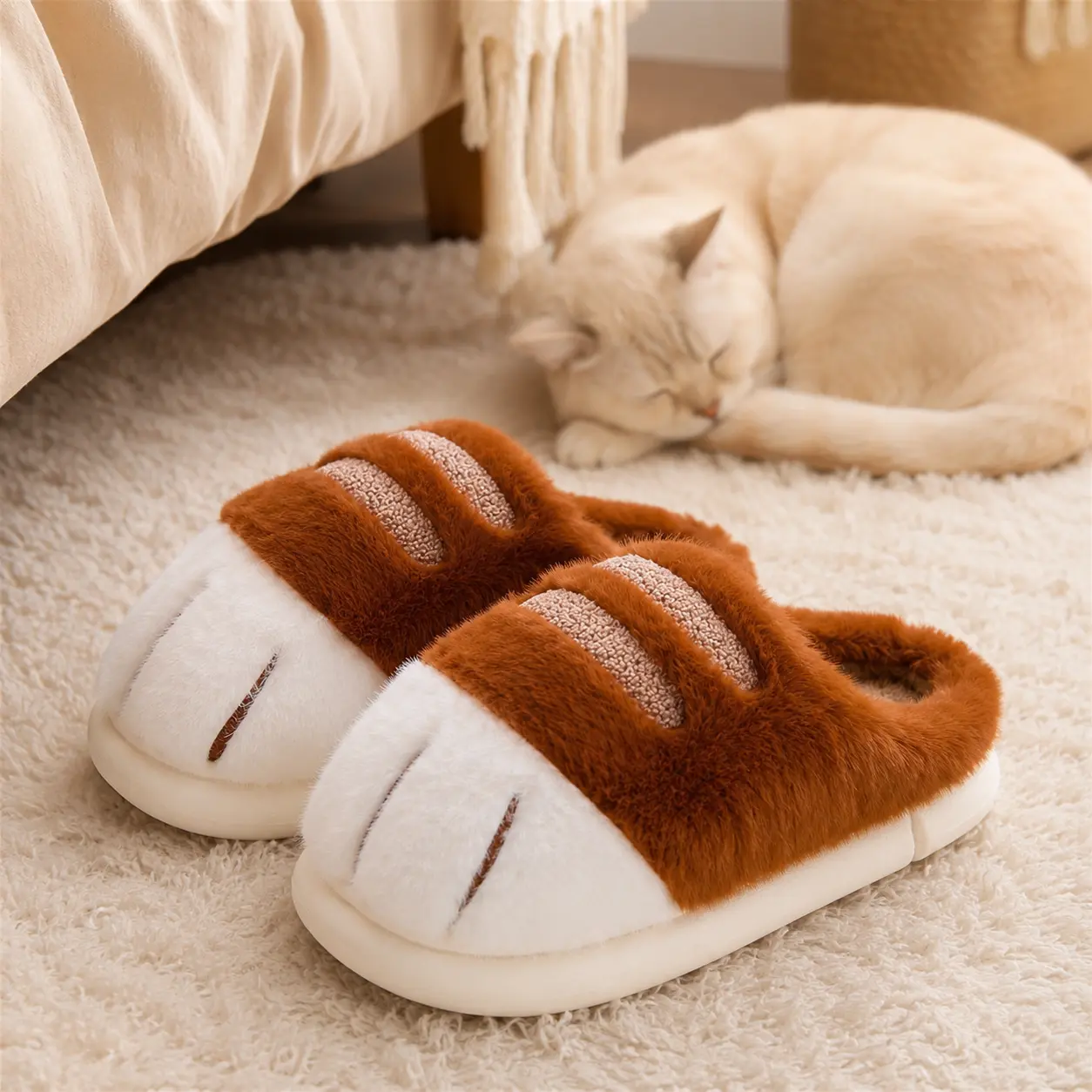 Women's Cozy Cat Paw Slide Slippers, Soft Cotton Round Footwear, Winter Warm Fluffy Plush Indoor House Shoes, Slip Resistant, Tpr