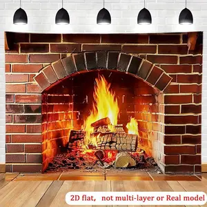 1PC Flat 2D Fireplace Flame Backdrop Banner, Summervibes Polyester Reusable Home & Festive Party Decoration, Realistic Design for Birthday Photography, Cross-Border E-Commerce Supply