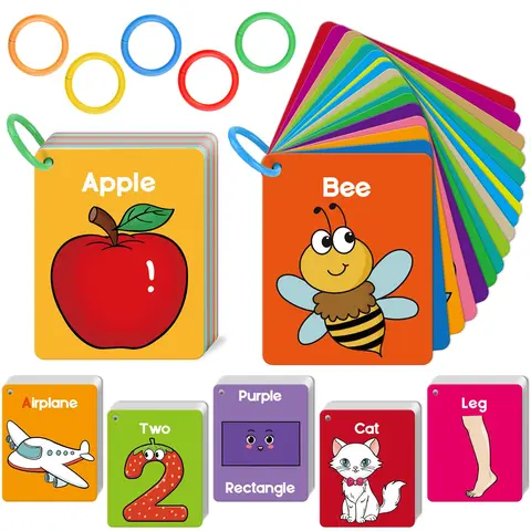 Torlam Educational Word Cards & Vocabulary Flashcards Set - Toddler Toys for 2+ Years, Preschool Learning Tool with Alphabet, Numbers, Shapes, Colors, Animals, Body Parts, Foods, Easy-to-Read Fonts & Rings to Improve Recognition Skills