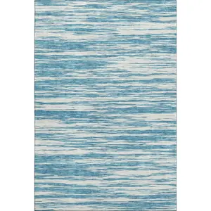 HomeRoots 675629 9x12 ft. Teal & Ivory Strip Area Rug, Transitional Machine-Washable Machine-Made Rectangle Rug with UV Protection, Machine-Washable Area Rugs, Strip Area Rugs