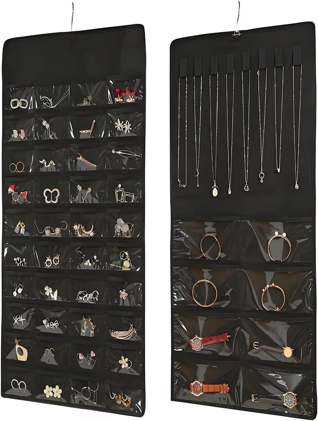 48 Pockets Hanging Jewelry Organizer with Necklace Straps, Double-Sided Black Closet Jewelry Holder for Space-Saving Storage of Earrings, Bracelets & Necklaces