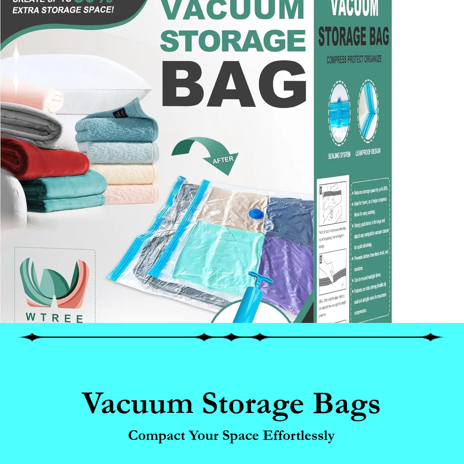 20 Pack Vacuum Storage Bags with Hand Pump – Space Saver Bags for Clothes, Comforters, Blankets & Pillows | 4 Jumbo, 4 Large, 4 Medium & 8 Small Compression Bags