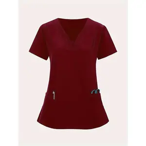 [BreathableV-NeckScrub]StretchyBreathableV-NeckScrub-CasualShortSleevewithPocketsNursing,Running,Exfoliating,WorkClothesWomenswear