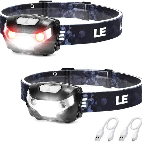 Lighting EVER Rechargeable LED Headlamp - High Lumen Flashlight, 5 Modes, IPX4 Waterproof, Red LEDs, Adjustable, 500ft Beam, Hands-Free, Washable Band, USB Cable, 2.85oz Lightweight, 30h Single Charge, Outdoor Use for Adults (Camping, Fishing, Hunting)