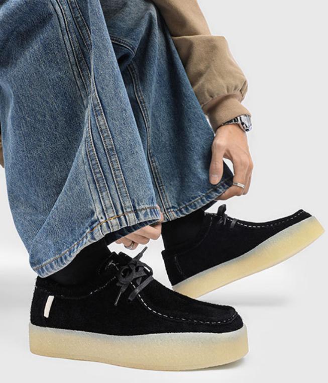 Men's Platform Moccasins Suede Black Height Increase Cream Sole Casual Shoes