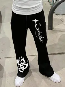 ✝️🔥Black Gothic "Salvation" Wide Leg Sweatpants | Religious Cross & Flame Hearts Streetwear Pants | Dark Y2K Baggy Trousers