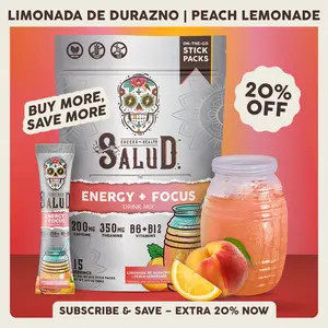 Salud 2-in-1 [Energy + Focus – Peach Lemonade] Clean Energy Drink Mix, Agua Fresca,  Organic Caffeine, B6 & B12, L-Theanine, Drink Packets, Non-GMO, Gluten Free, Vegan, Low Calorie, 1g Sugar (15 Servings)