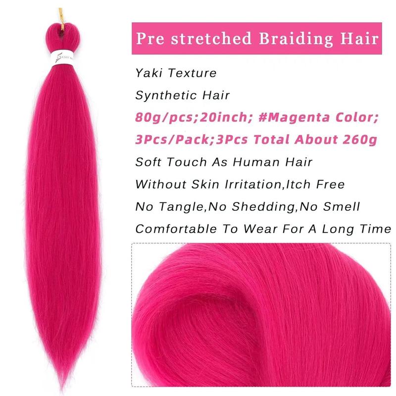 Pre Stretched Braiding Hair Dark Hot Pink Braiding Hair Pre Stretched Hair Extensions Fashion Braiding Hair Pre Stretched Magenta Pink Braiding Hair For Braids(#Magenta Pink,3Packs,20inch)