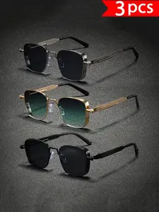 Unisex Metal Texture Square Retro Simple Fashion Glasses, Spring Legs Hip-Hop Style, 3pcs Trendy Eyewear