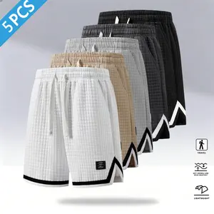 5-Pack Men’s Waffle Knit Casual Shorts, Elastic Drawstring Waist, Contrast Trim Streetwear Shorts, Classic Vintage Style Athletic Shorts for Everyday Wear & Street Fashion