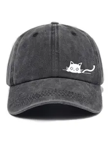 Cute Cartoon Cat Print Washable Soft Top Baseball Cap, Unisex Casual Fitted Sun Hat, All Seasons Fashion Accessory
