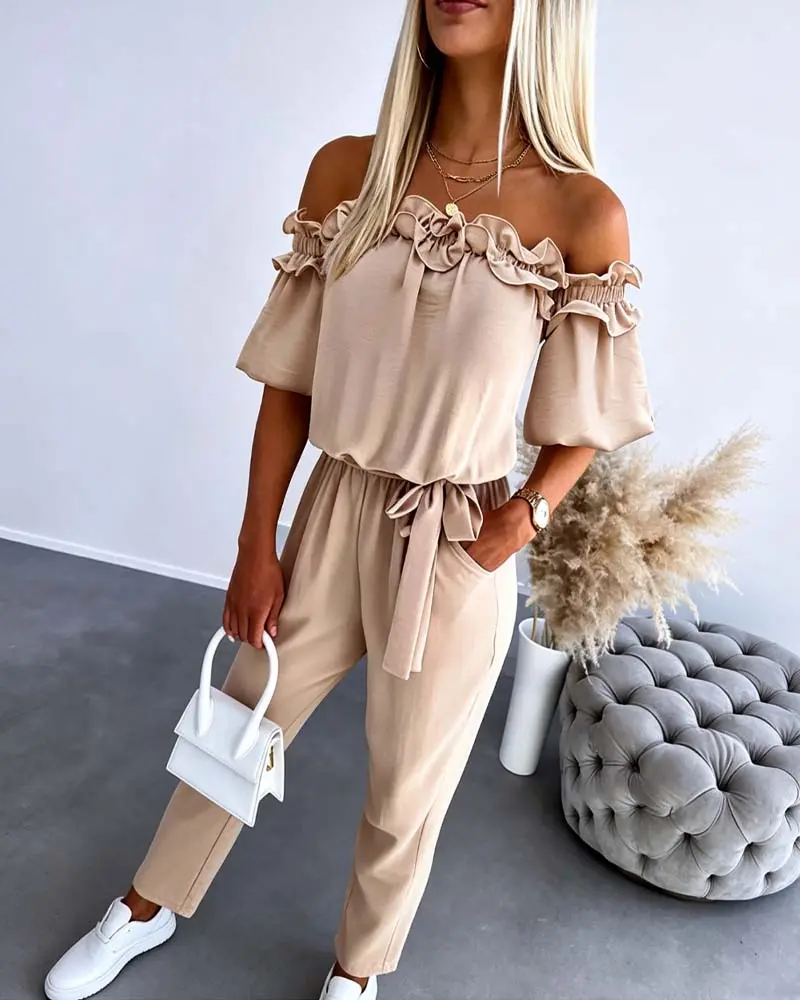 CHICME Women's Off Shoulder Wedding Guest Jumpsuit Lantern Sleeves Frill Trim Tie Waist Textured Overalls for Party Fit Womenswear