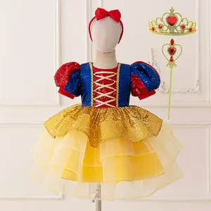 3-8Y Yellow 015 with Crown Magic Wand Cartoon Cosplay Costume Fancy Carnival Kids Clothes Performance Princess Theme Party Holiday Girls Ball Gown Children Cocktail Dress