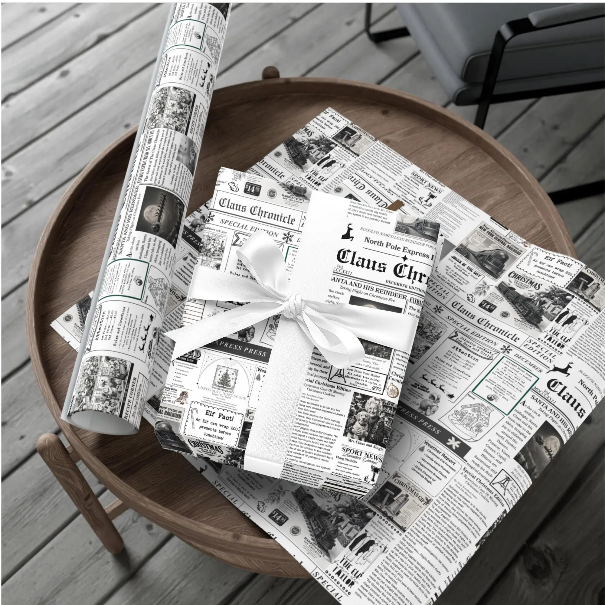 Nostalgic Christmas Gift, North Pole Santa Claus Newspaper Gift Wrapping Paper Roll.