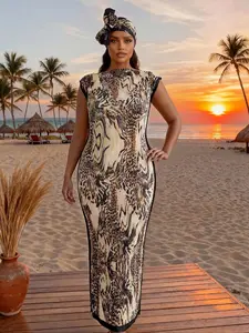 Women's Animal Print Long Dress Set, Casual Wear Slim Fit Moo Moo Robe & Scarf, Beach Sun Protection Shawl, Fall & Winter Fashion, Beachwear