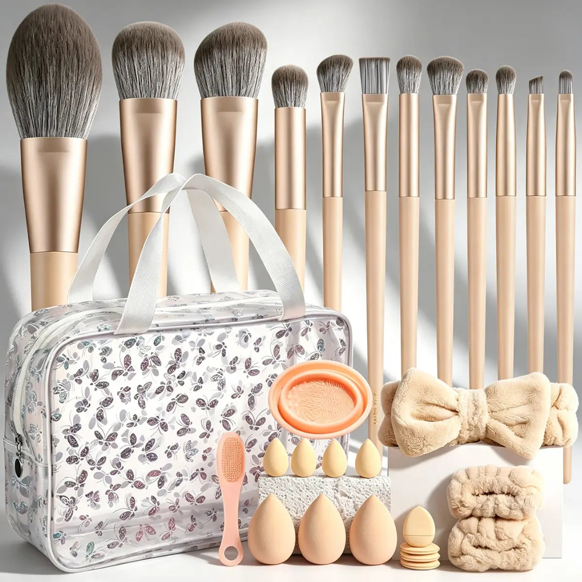 Makeup Brush Set Soft Synthetic Face Eye Detail Brushes All‑In‑One Beauty Kit With Butterfly‑Print Transparent Cosmetic Tote Bag Beauty Sponges Powder Puffs Plush Hair Accessories Silicone Brush Cleaner Makeup Tools For Beginners Daily Travel