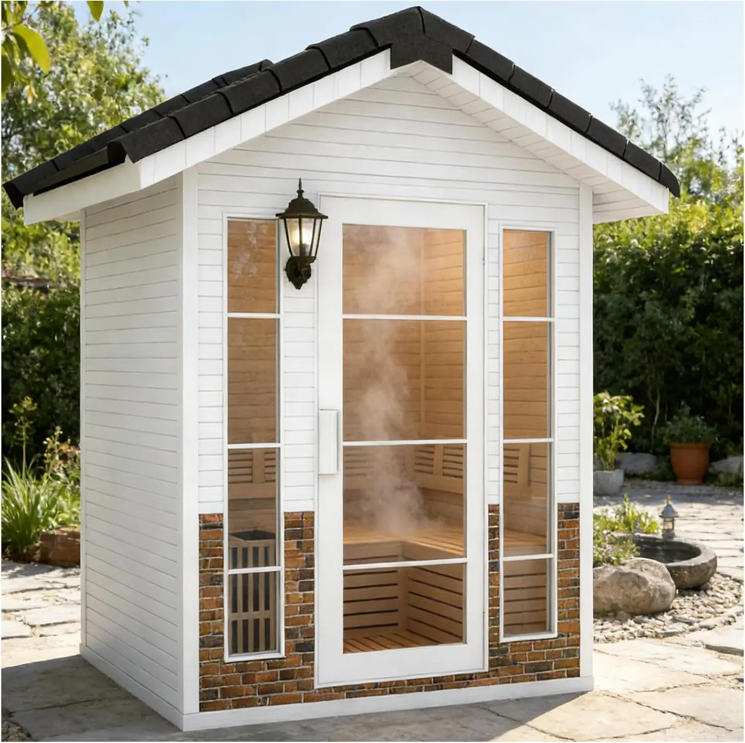 Smartmak 3-4 Person Outdoor Steam Sauna Room with Roof, Canadian Red Cedar | Fast Heating Traditional Home Wooden Saunas Spa, 4.5 KW Sauna Stove, Rocks, Asphalt Shingle Roof, White, 195℉