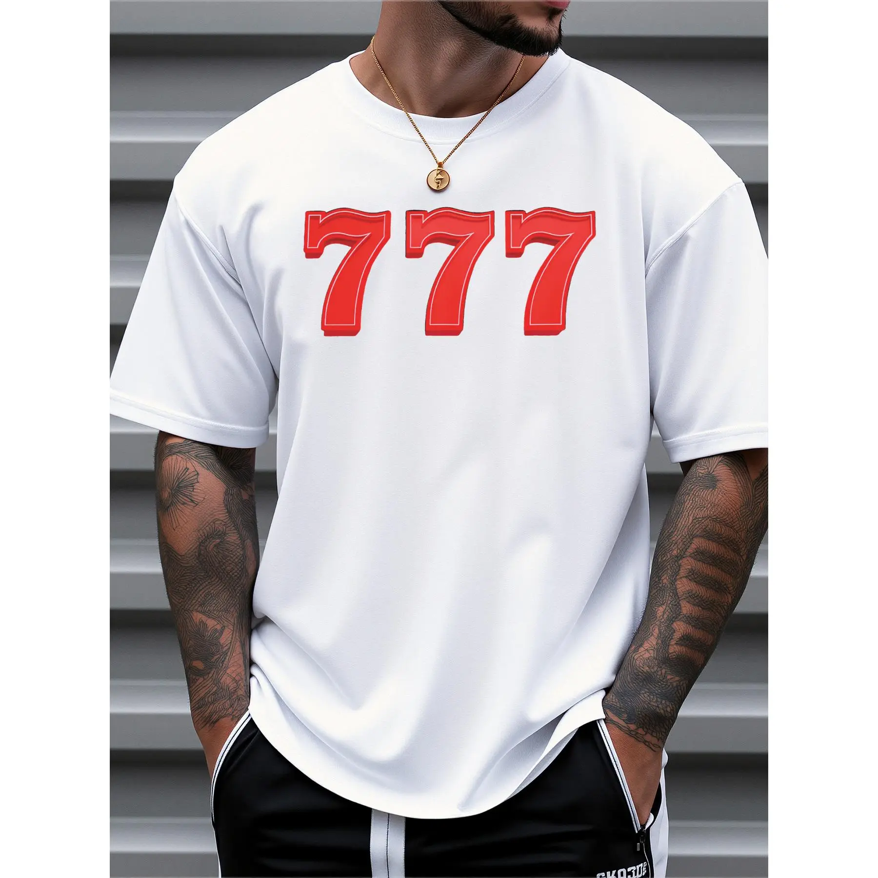 Casual Sportswear for Men | Trendy Graphic Tee, Oversized 777 White T-Shirt with Bold Red Number Design | Stylish and Comfortable, Perfect for Everyday and Outdoor Activities, High Value Fashion, Comfy Fit, Machine Washable