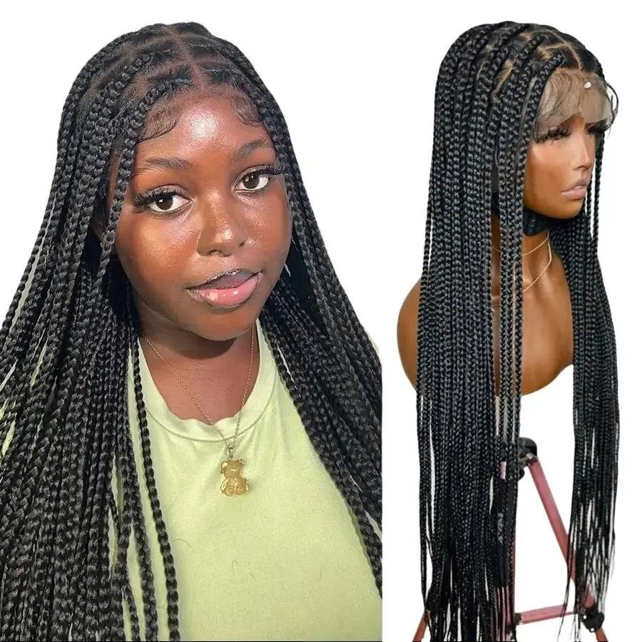Synthetic Braided Wig Full Lace Front Wigs Knotless Box Cornrows Wigs For Black Women Large Square 36 Tribal Jumbo Braids Wigs With Baby Hair