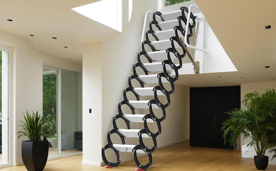 Wall-Mounted Attic Ladder, Robust 12-Step Retractable Stairs with Handrails, 118 in Height, 1102 lbs Capacity, Sturdy Wide Pedals, Black Electrostatic Spraying, Comfortable Use Experience for Various Floors, Contact Through Amazon Wall-Mounted Attic Ladder, Robust 12-Step Retractable Stairs with Handrails, 118 in Height, 1102 lbs Capacity, Sturdy Wide Pedals, Black Electrostatic Spraying, Comfortable Use Experience for Various Floors, Contact Through Amazon