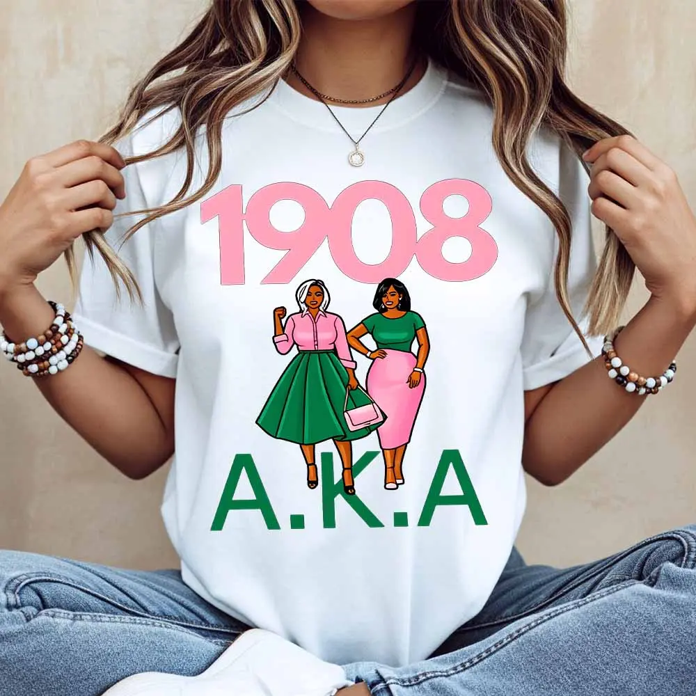 1908 AKA Women Cartoon Print T Shirt White Casual Loose Fit Tee For Everyday Wear And Leisure Activities