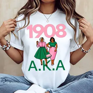 1908 AKA Women Cartoon Print T Shirt White Casual Loose Fit Tee For Everyday Wear And Leisure Activities