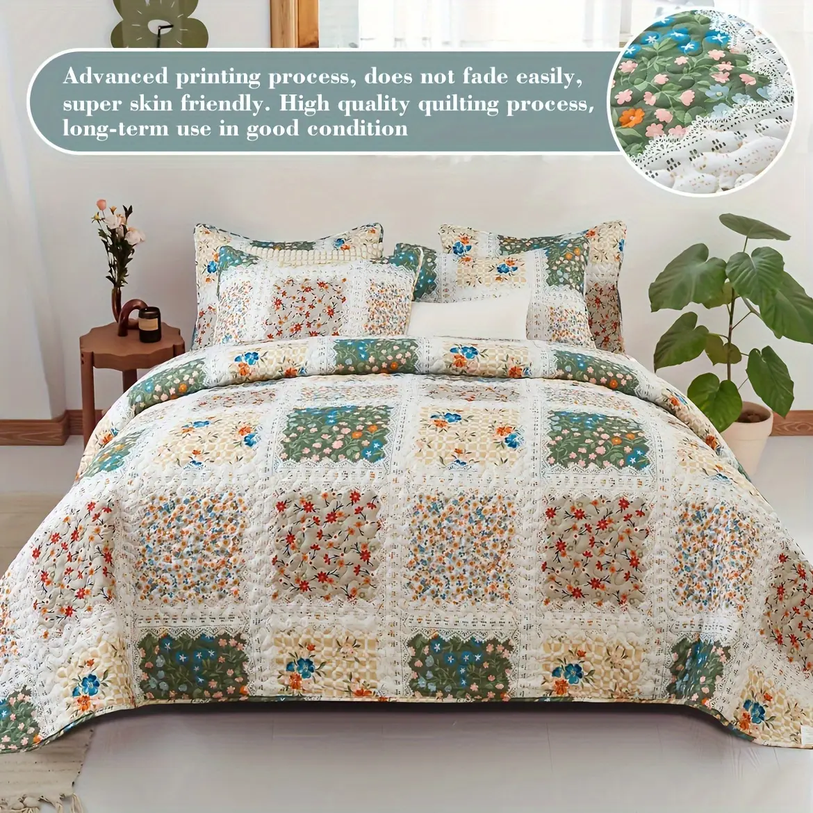 Vintage Small Broken-Floral Patchwork Breathable Flat Weave Lightweight Quilted Thin Bedding Set, Rustic Durable Fade-Resistant Machine-Washable All-Seasons Floral Bedding, Multi-Size (King/Queen: 2 Pillowcases; Twin: 1 Pillowcase)