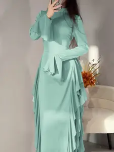 Elegant Long Dress in Mint Green Color with Round Neck Flared Sleeve and High Waist Design Solid Long Dress for Women