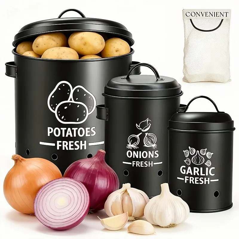 Christmas Kitchen Home Storage, Storage Boxes (3pcs Set), Potato And Onion Storage Boxes with Ventilated Tin Holes And Wooden Lids, Black Kitchen Storage Boxes Suitable for Onions, Potatoes, And Fruits, Shelf Baskets