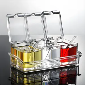 Clear Seasoning Box, 3 count Seasoning Rack  Pots Storage Container for  Salt Sugar Cruet Liquid,Condiment Jars with 3 Spoons