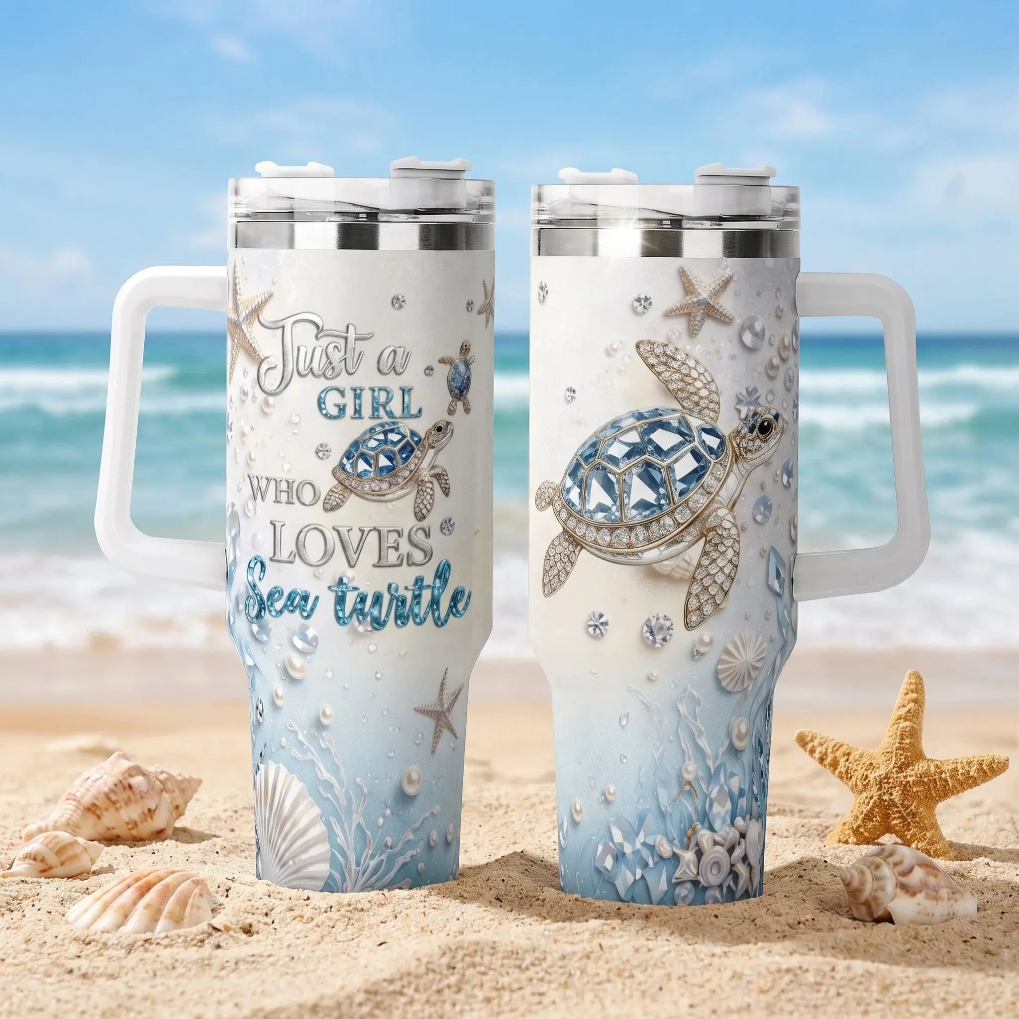 40oz Insulated Tumbler with Handle and Straw, Just a Girl Who Loves Sea Turtles Jeweled Ocean Beach Print Stainless Steel Vacuum Travel Coffee Mug, Double Wall Insulated Cup Fits Car Cup Holder, Summer Birthday Christmas Gift for Women Turtle Lovers
