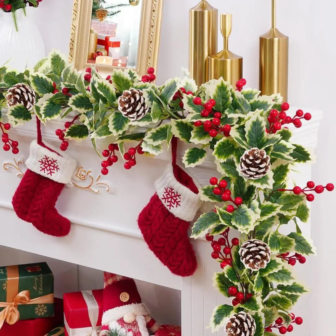 Christmas Garland, Red Berry Garland with Pine Cones, Green Garland Christmas Decorations Indoor, Christmas Tree Garland for Mantle Holly Outdoor Home Table...