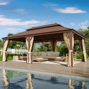 14'x22' Hardtop Gazebo, Outdoor Galvanized Steel Gazebo with Heavy Duty Double Roof, Netting and Curtains Included, Aluminum Frame Gazebo for Garden, Lawns